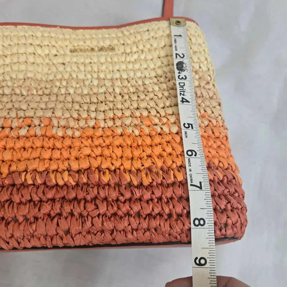 Michael Kors Pratt Medium Ombre Straw Shoulder Bag Red Clay Orange Summer Boho - Picture 14 of 15